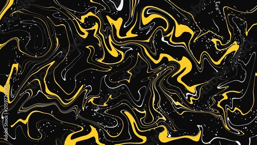 Black liquid marble background with yellow and white paint splashes