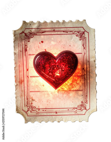 A glowing red heart-shaped candy is placed on a vintage stamp with ornate red borders.