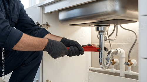 Professional plumber using adjustable wrench to repair leaking water pipe under kitchen sink, residential plumbing maintenance fixing drain pipes, unclogging blocked or rusty kitchen plumbing repair