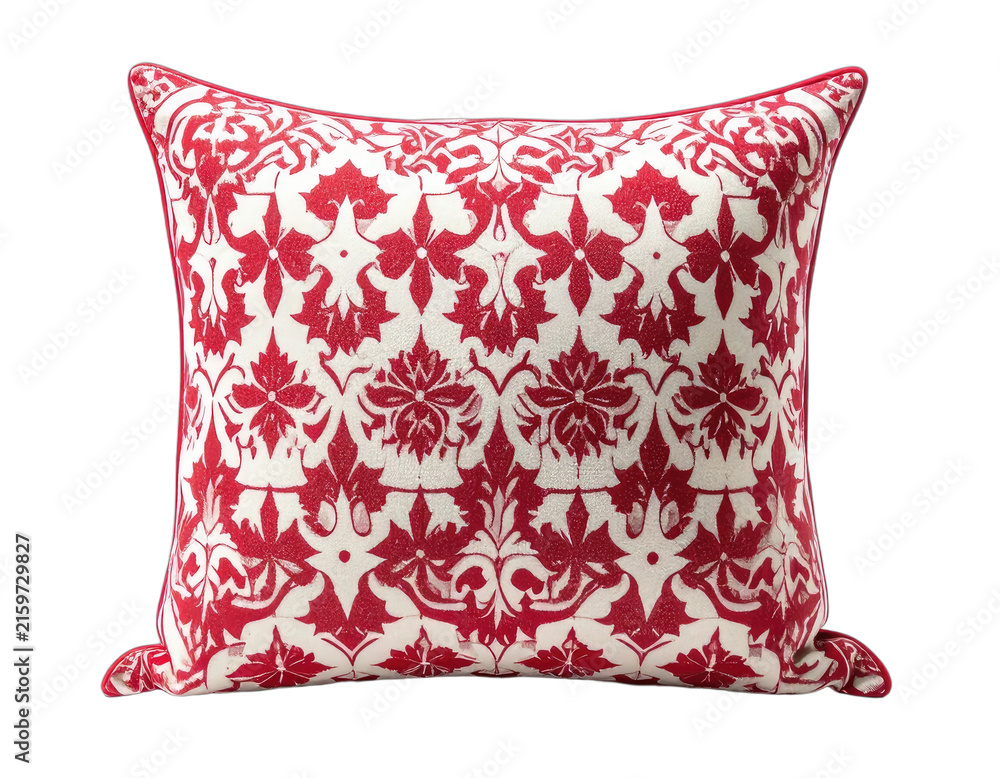 Obraz premium A decorative throw pillow with a red damask pattern on a cream background.