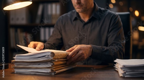 Focused Businessman Reviewing Stacks of Documents in Dark Office Setting for Legal Research and Corporate Administration