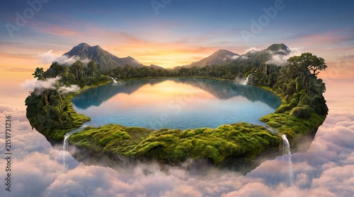 Floating Circular Lake Planet with Forests Mountains and Tiny Waterfalls
