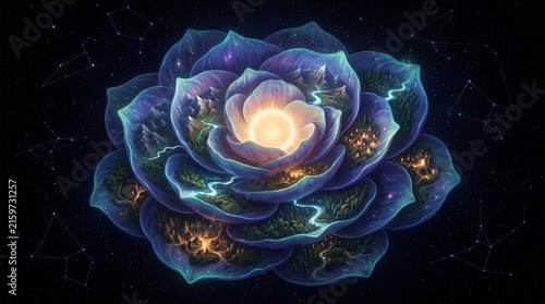 Planet Sized Cosmic Flower Containing Mountains Forests and Rivers