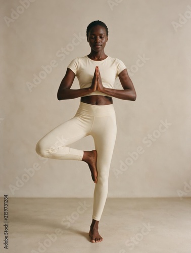 Black Woman Tree Pose Yoga Balance Mindfulness Exercise
