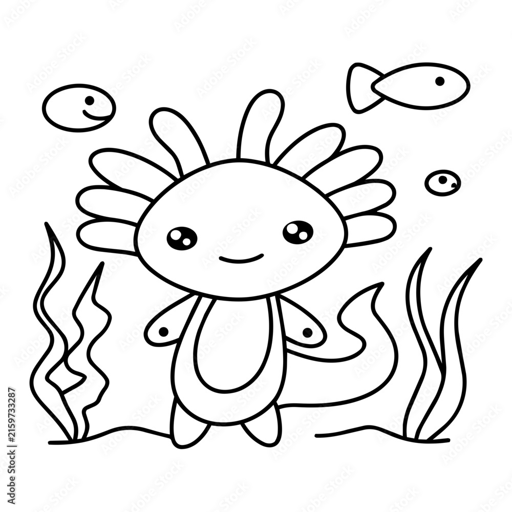 Fototapeta premium cute axolotl waving goodbye after school hand drawn black and white outline