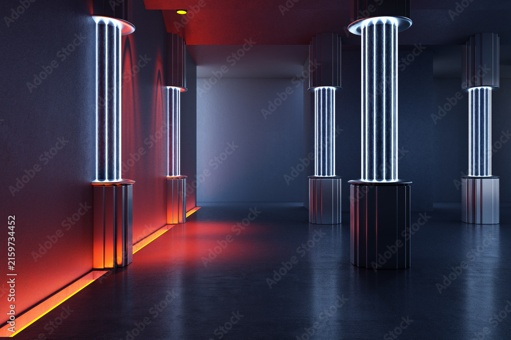 Fototapeta premium Futuristic neon interior with glowing cylindrical columns and dramatic red blue lighting in a modern architectural space. 3D Rendering