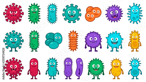Cute cartoon microbes and bacteria collection with varied shapes and expressions in bright flat vector illustration style