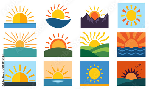 Colorful sunrise and sunset flat icon set with abstract sun landscape mountain and sea vector design