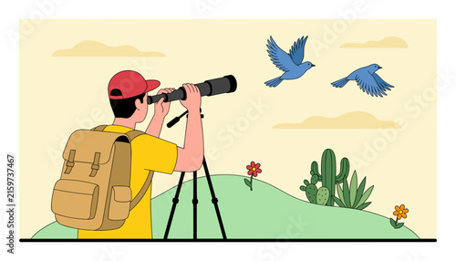 Man Birdwatching with Telescope on Tripod Vector Illustration for Outdoor Wildlife Hobby and Nature Exploration Concepts