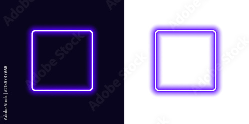 Konstfotografi Two glowing neon squares side by side with varying thickness and purple light on