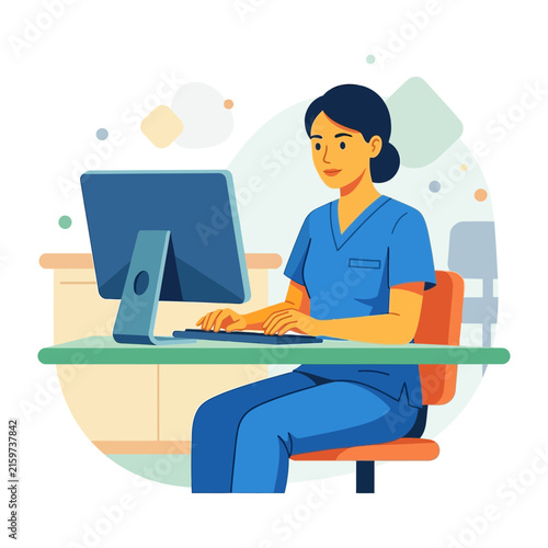 Nurse Working on Computer in Modern Clinic Office