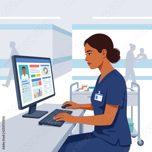 Nurse Working on Computer in Modern Hospital Setting, Featuring Medical Data and Patient Information