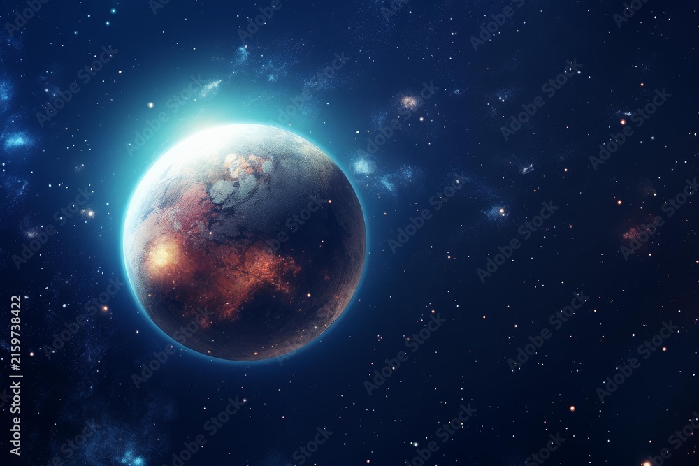 Obraz premium Distant planet with sun rising creating a bright glow in a background of stars and nebula