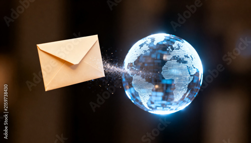 a cream envelope floating beside a glowing digital sphere for World Post Day