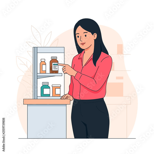 Woman Choosing Medication from Pharmacy Shelf: Health, Wellness, and Consumer Choice Illustration