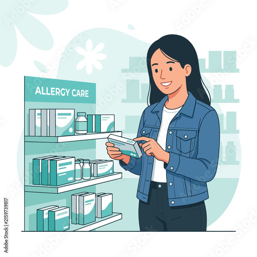 Woman Browsing Allergy Care Products in Pharmacy, Healthcare Shopping, Seasonal Allergy Relief