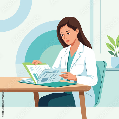 Woman Doctor in Lab Coat Reviewing Medical Records at Desk, Healthcare and Research Concept