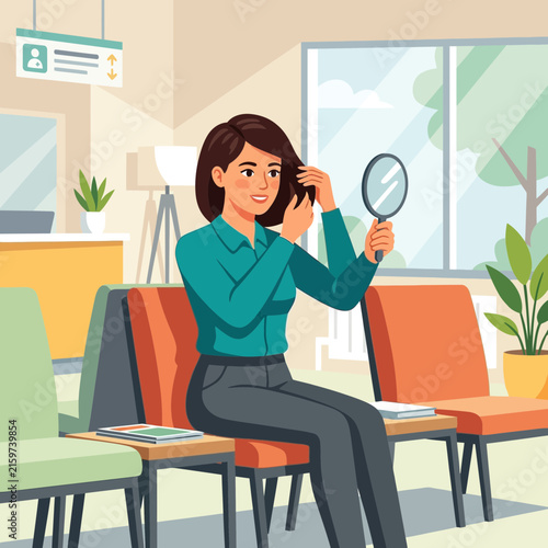 Woman examining her hair in a mirror while sitting in a waiting room or salon, flat design vector illustration.