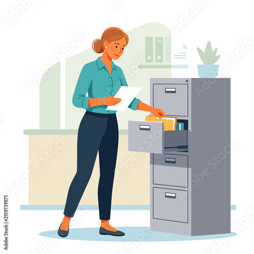 Woman Filing Documents in Office Filing Cabinet - Modern Flat Illustration