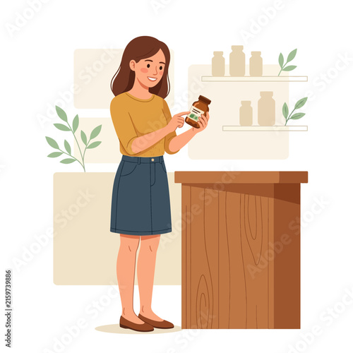 Woman holding a supplement bottle, choosing health products at a pharmacy or health store.