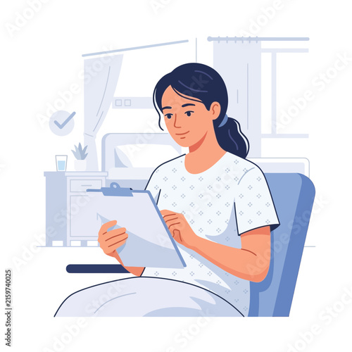 Woman in Hospital Gown Holding Clipboard in Medical Room Illustration