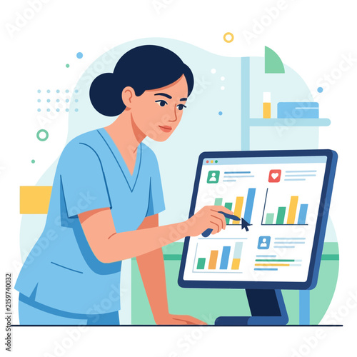 Woman in Blue Scrubs Analyzing Data on Computer Screen, Simple Flat Vector Illustration