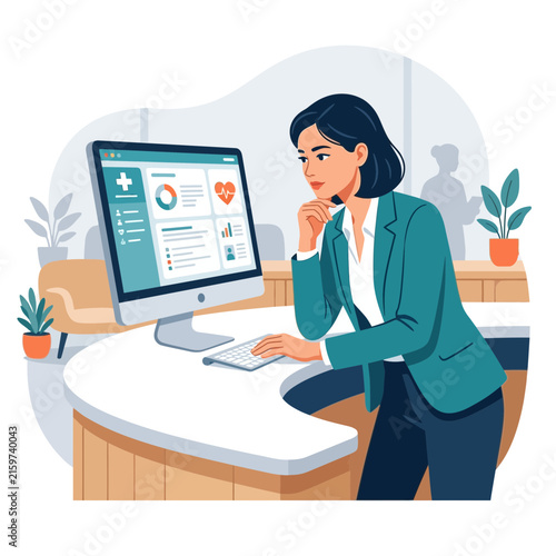 Woman in business attire using a computer with healthcare interface, flat vector illustration