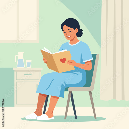 Woman in Hospital Gown Reading Book with Heart Symbol, Calm Recovery and Hopeful Atmosphere