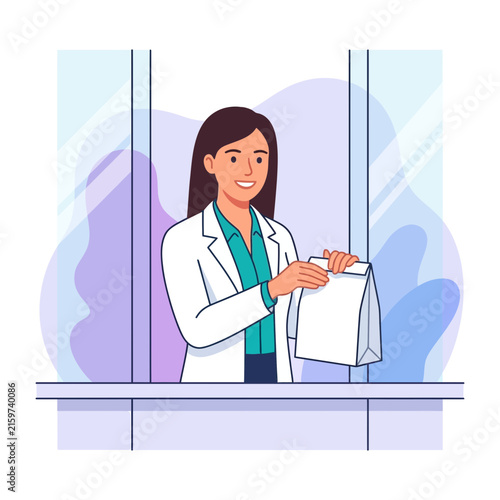 Woman in lab coat handing over a paper bag, representing healthcare, medicine, or pharmacy services