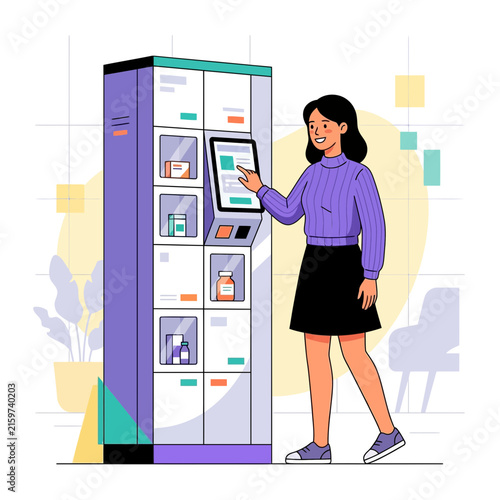 Woman Interacting with Automated Pharmacy Vending Machine for Convenient Medicine Pickup
