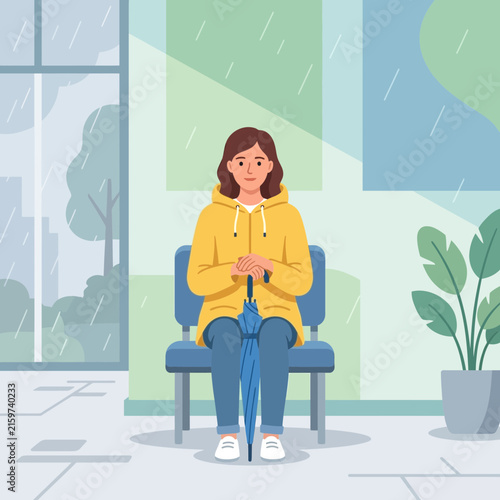 Woman in Yellow Raincoat Waiting with Umbrella on a Rainy Day