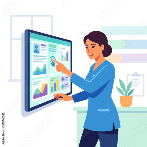 Woman Interacting with Digital Dashboard Displaying Financial Charts and Analytics