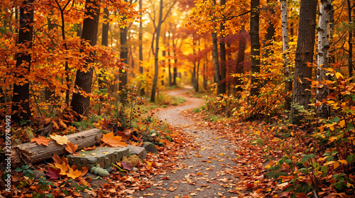 Autumn Forest Trail Background with Golden Foliage and Fallen Maple Leaves in Warm Sunlight 黄金色に輝く紅葉と落葉が美しい秋の森の小道の景観背景素材