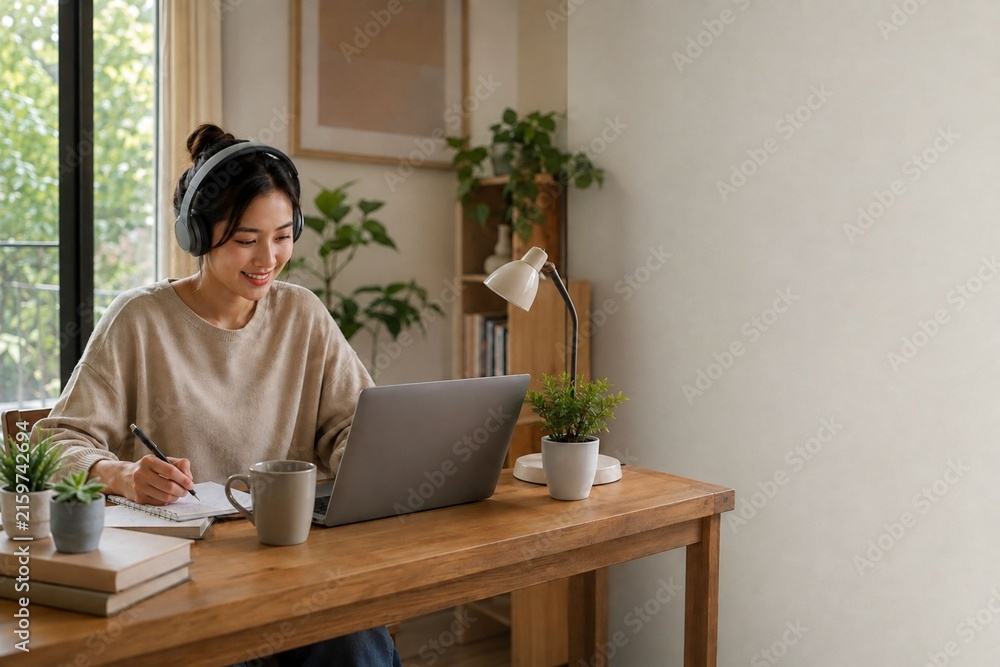 Fototapeta premium Young Asian woman working from home with laptop and taking notes in a cozy modern workspace