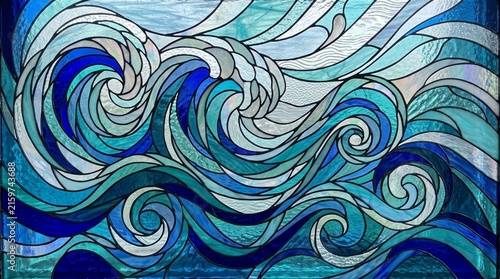 An intricate stained glass panel displays dynamic, crashing ocean waves in shades of blue, turquoise and white.