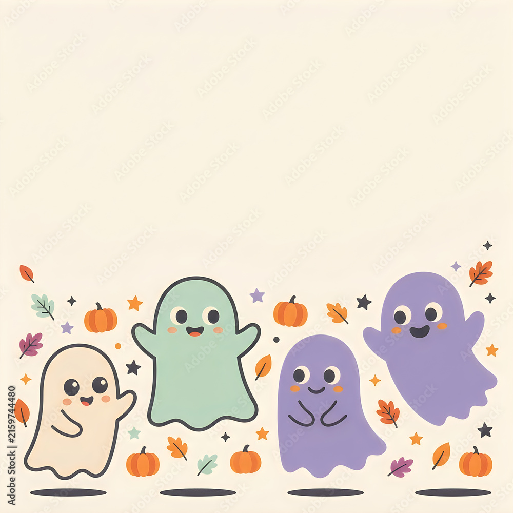 Obraz premium Cute cartoon ghosts with pumpkins and autumn leaves for halloween celebration