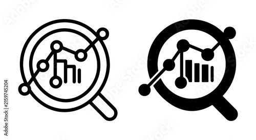 Magnifying Glass with Data Chart Icons, Research and Analysis Vector Graphics, Business Growth Symbols