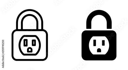 Electrical Outlet Lock Icons, Security Padlock Vector Graphics, Power Socket Protection Symbols