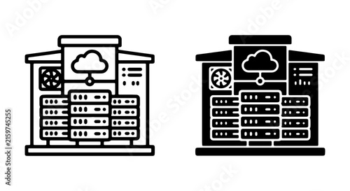Data Center Server Racks, Cloud Computing Icon, Network Infrastructure, Technology Building Icons