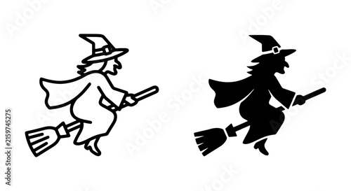 Witch Flying on Broomstick Vector Icons, Halloween Silhouette and Outline Graphics