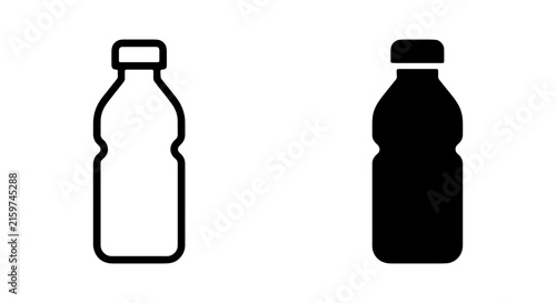 Plastic Bottle Icons, Beverage Container Vector Graphics, Liquid Packaging Symbols, Water Bottle Outline and Silhouette