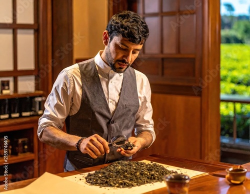Expert inspecting dried tea leaves with magnifying glass.
