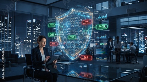 Businesswoman using a tablet in a modern office with a glowing digital cybersecurity shield graphic