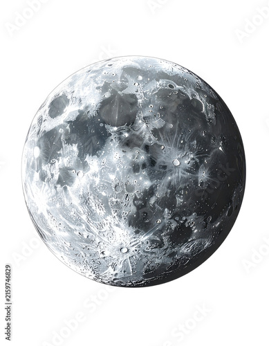 A detailed close-up view of the Moon against a stark black background.