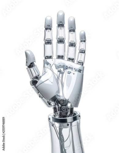 A transparent robotic hand with visible internal mechanisms is raised against a black background.