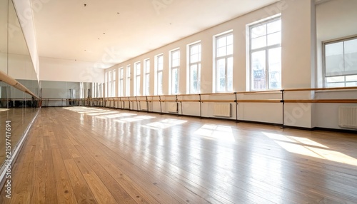 Empty dance studio with wooden floor and windows.