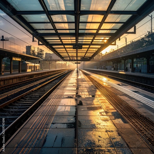 Empty train station platform during golden hour sunrise.