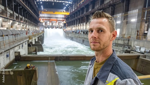 Engineer standing inside large hydroelectric power dam.