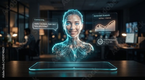 Artificial Intelligence hologram assistant with interactive user interface in modern office