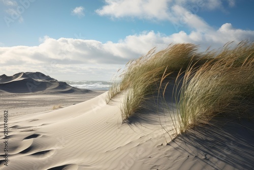 Coastal beach landscape with wind blowing marram grass on sand dunes and ocean waves